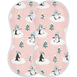 PAICUPA Soft 4-Layer Muslin Burp Cloths for Baby,Absorbent Large Cotton Spit Up Rags,Penguin Winter Snowflake Tree Infant Tow