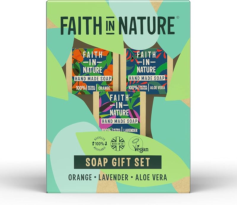 Faith In Nature Gift Set 3 x 100g Vegan Handmade Soap Orange Lavender Aloe