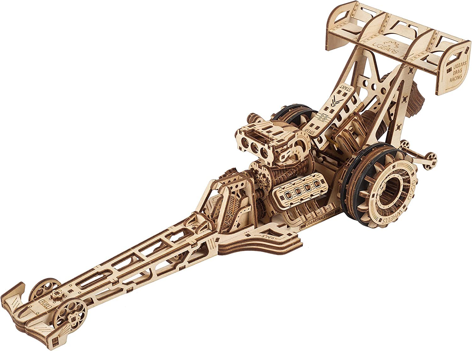 UGEARS Dragster Car Model Kit - Top Fuel Dragster 3D Puzzle with Powerful Spring Motor - Drag Racing Model Car Kits 3D Puzzles for Self-Assembly - 3D Wooden Puzzles for Adults