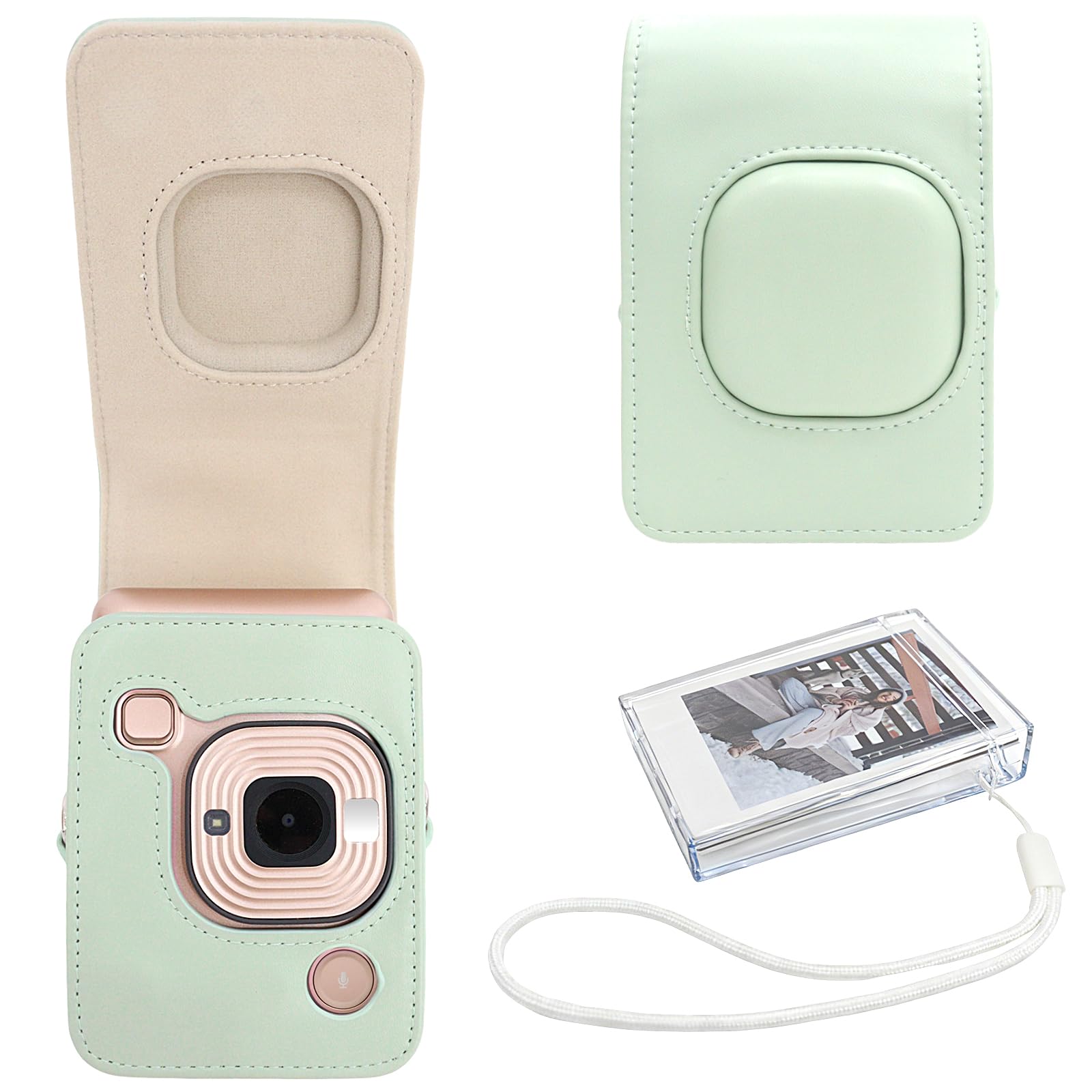 HIYQIN Leather Carry Case Compatible with Fujifilm Instax Mini LiPlay - Clear Film Holder and Accessories Bundle - Matcha Green