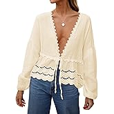 Tankaneo Womens Deep V Neck Tie Front Blouse Cotton Long Puff Sleeve Eyelet Tops Cute Lace Trim Flowy Ruffle Shirts