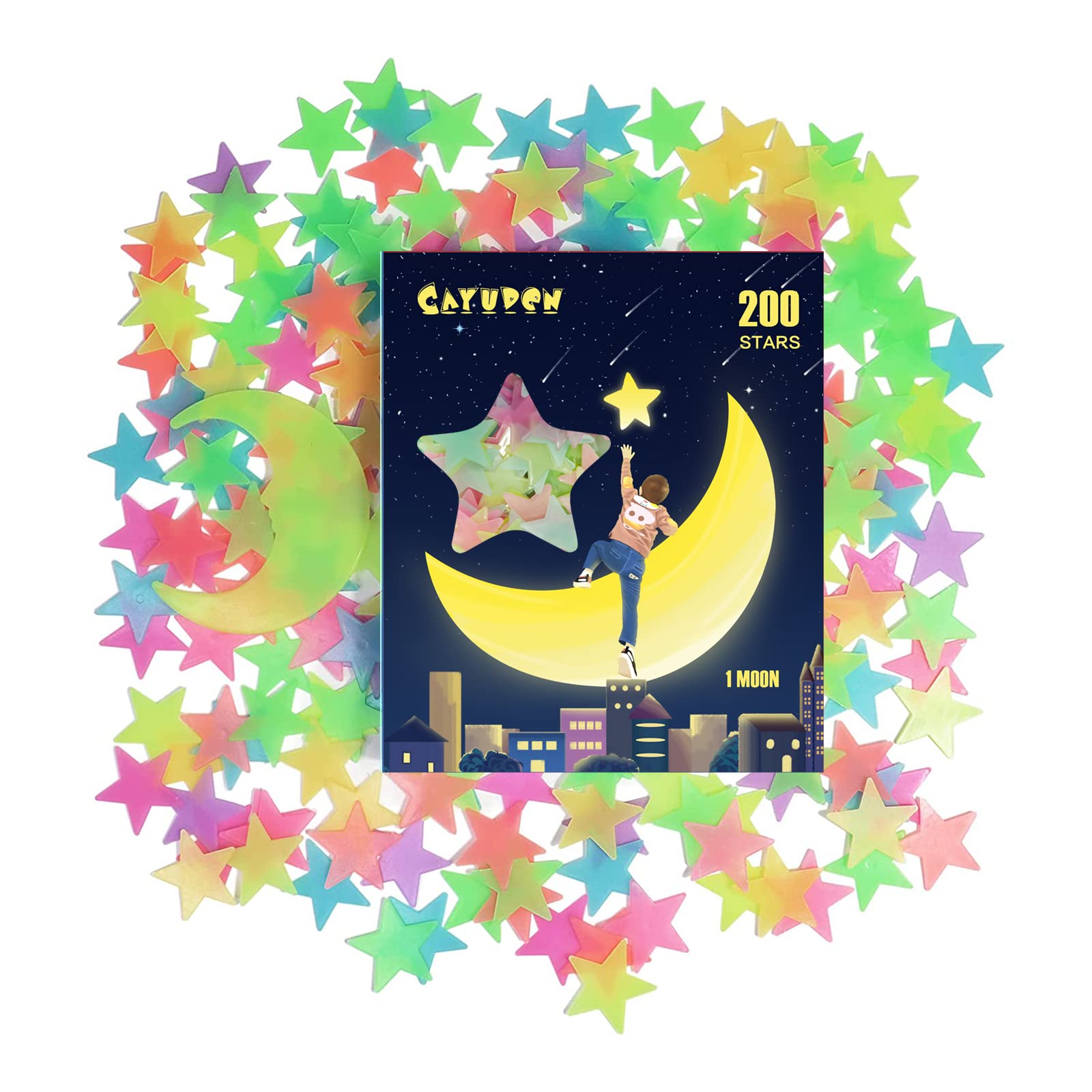 Glow in the Dark Star Stickers, CAYUDEN 201pcs Super Bright Colorful Glowing Ceiling Stars and Moon Stickers Luminous Large Plastic 3D Wall Stickers Room Decal Stars Stickers for Baby Nursery Bedroom