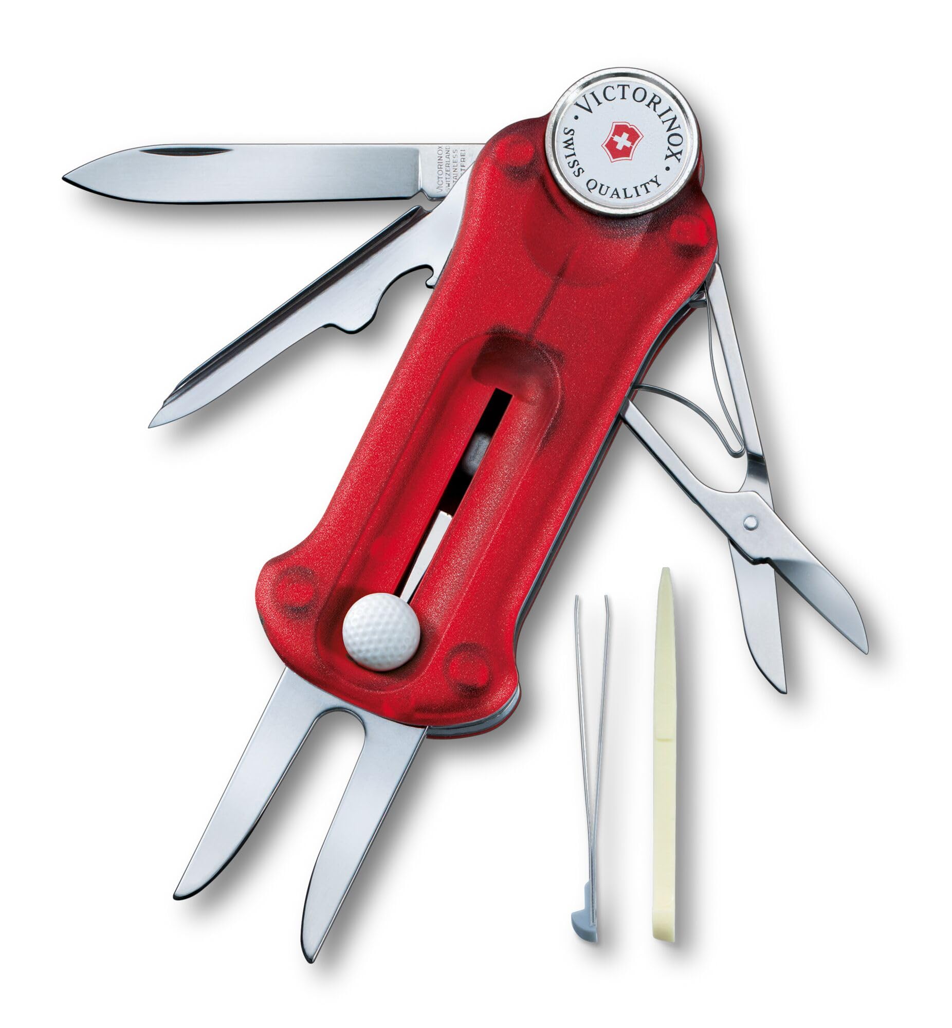 Victorinox Golf Tool, Swiss Made Pocket Multi Tool, 10 Functions, Ballmarker, Repair Tool, Red Transparent