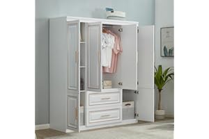 IDEALCABIN White 4 Doors Large Freestanding Wardrobe Armoire Wooden Closet Cabinet with Hanging Rod Shelves , For Bedroom Clothes Storage Organizer Bathroom Wood Closet (20.51"D x 62.99"W x 74.02"H)