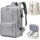 KEQIKAI Travel Laptop Backpack 30L for Men Women, Expandable Carry on Backpack Airplane Approved, Large Waterproof 15.6" Daypack Backpacks with USB Charging Port for Trip College Hiking, Grey