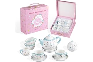 Sweejar Porcelain Tea Set for Little Girls,Kitchen Toys Tea Party Set for Kids Toddler Kitchen Pretend Toy Include Children Teapot, Cup & Saucer Set of 4, Sugar Bowl and Cream Pitcher(Sweet)