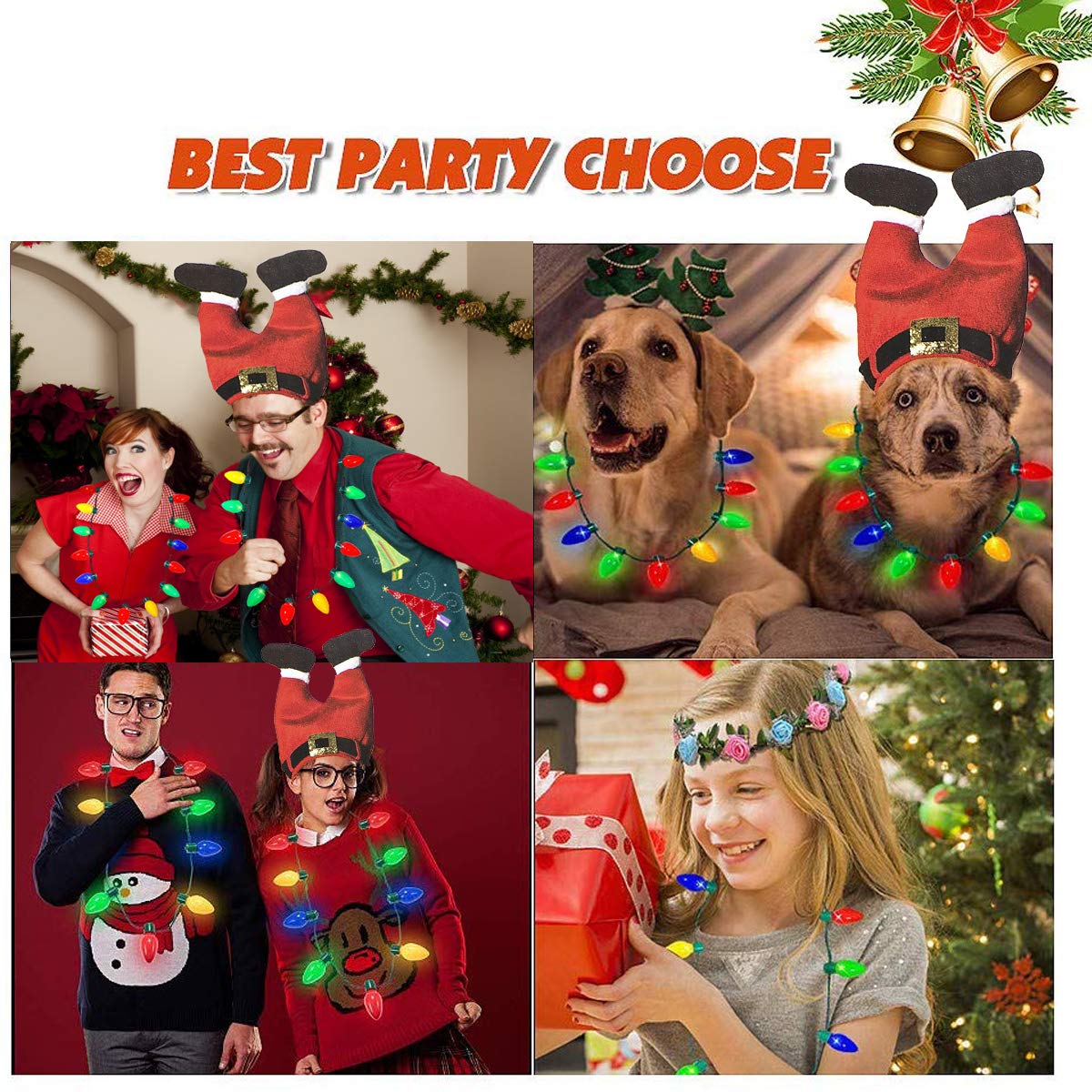 2 Pieces Ugly Sweater Christmas Party Kit, Includes Red Santa Hat and LED Christmas Bulb Necklace for Ugly Sweater Christmas Xmas Holiday Party