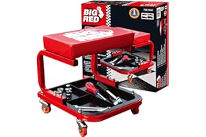 BIG RED Torin 260lbs Red Rolling Automotive Creeper Garage/Shop Seat: Padded Mechanic Stool with Tool Large Tray for garages, Repair Shops