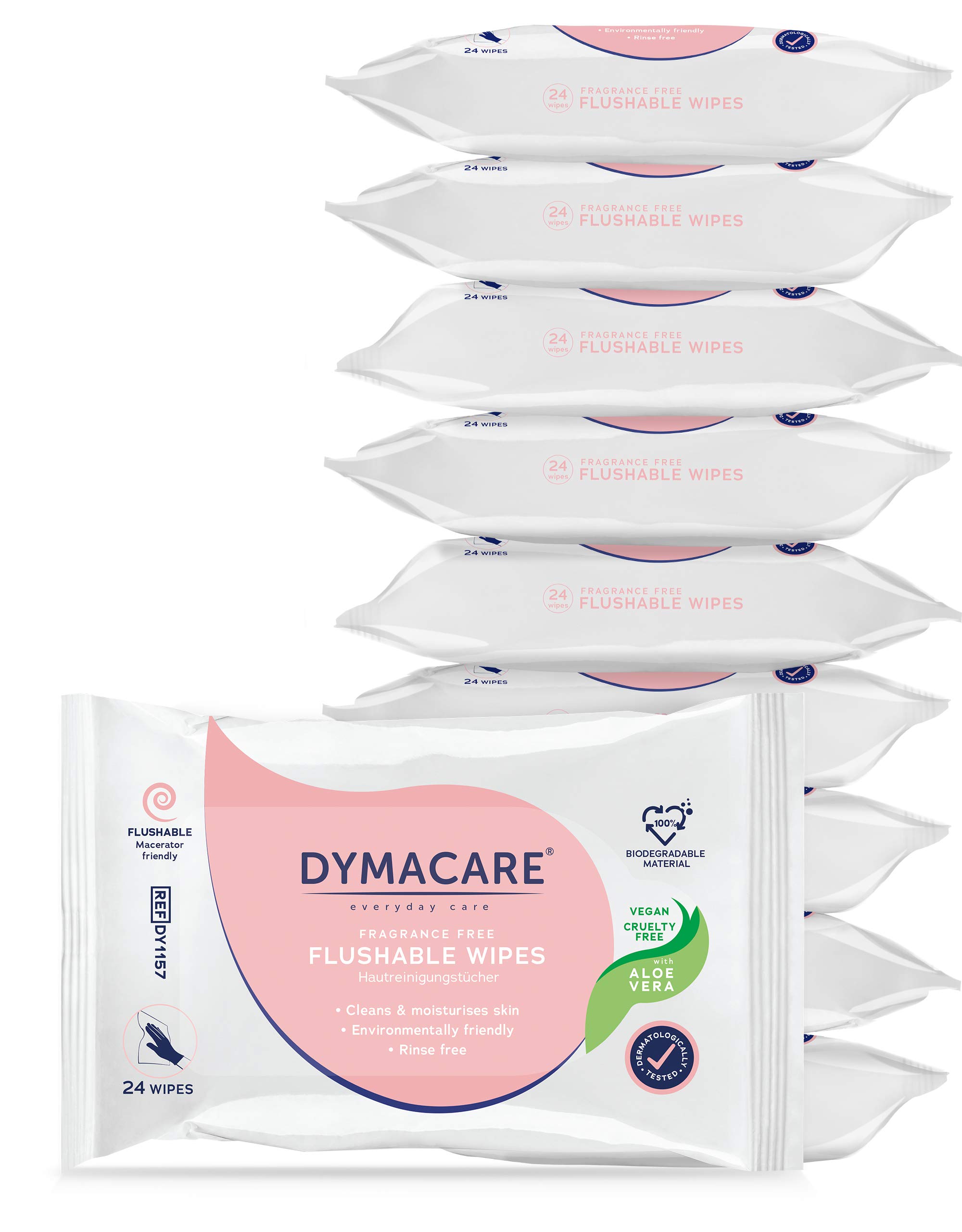 DYMACARE Flushable Wet Wipes | Large Unfragranced Gentle Moist Body Cleansing Wipes with Aloe Vera | Plant Based Biodegradable Personal Care Wipes for All the Family | 10 Packs (240 Wipes in Total)