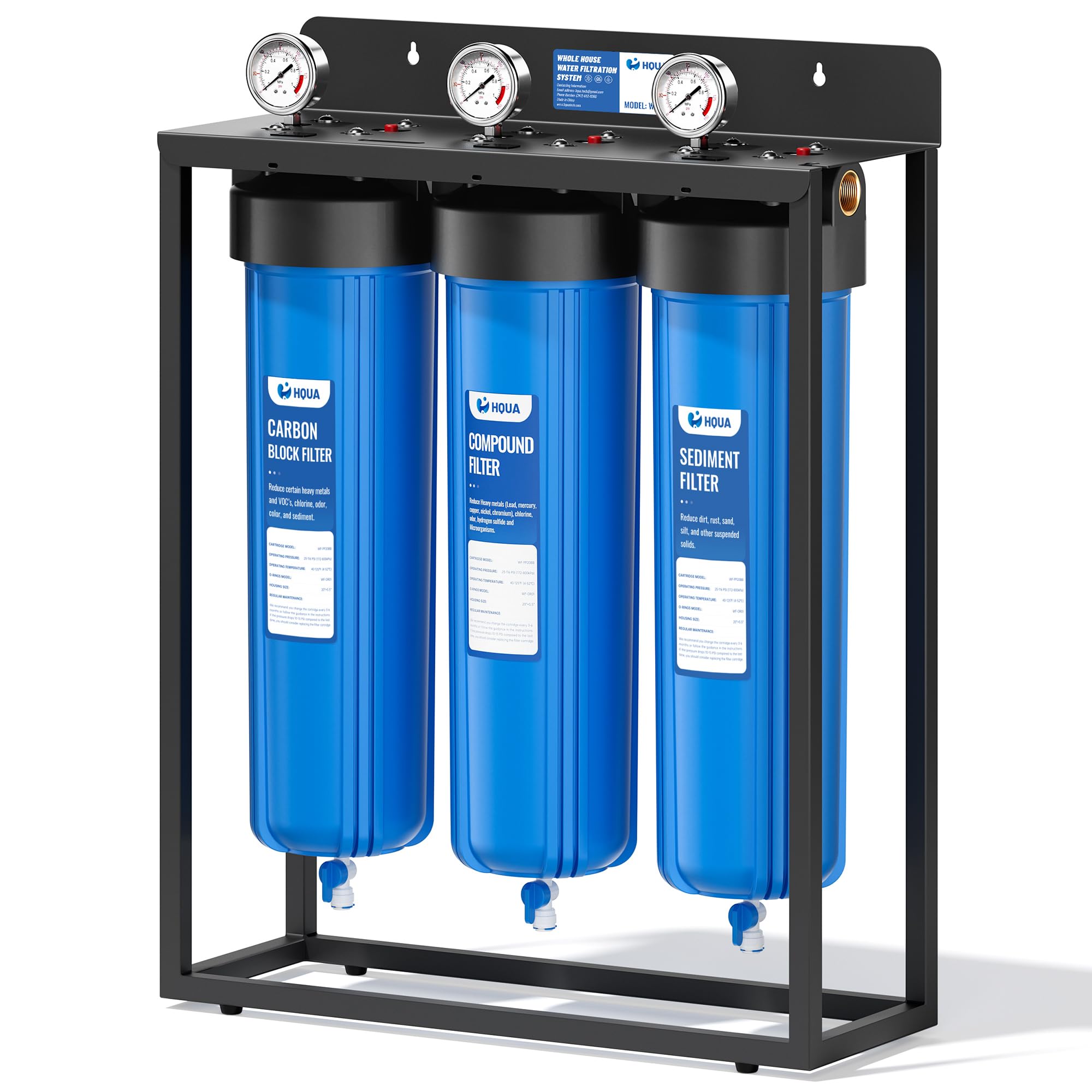 View 1 of *Box damaged* HQUA WF3-02 3-Stage Free-Standing Whole House Water Filtration System, Reduces Heavy Metals (Lead, Mercury, Copper, Nickel, Chromium), Chloramine, Sediment, Odor, and VOC’s