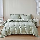Simple&Opulence Kids 100% Organic Cotton Queen Duvet Cover Ruffle 3Pcs(1 Comforter Cover 2 Pillowcases) Cute Lace Vintage Boho Shabby Chic Farmhouse Bedding Set Teen Girls(Sage Green, Queen)