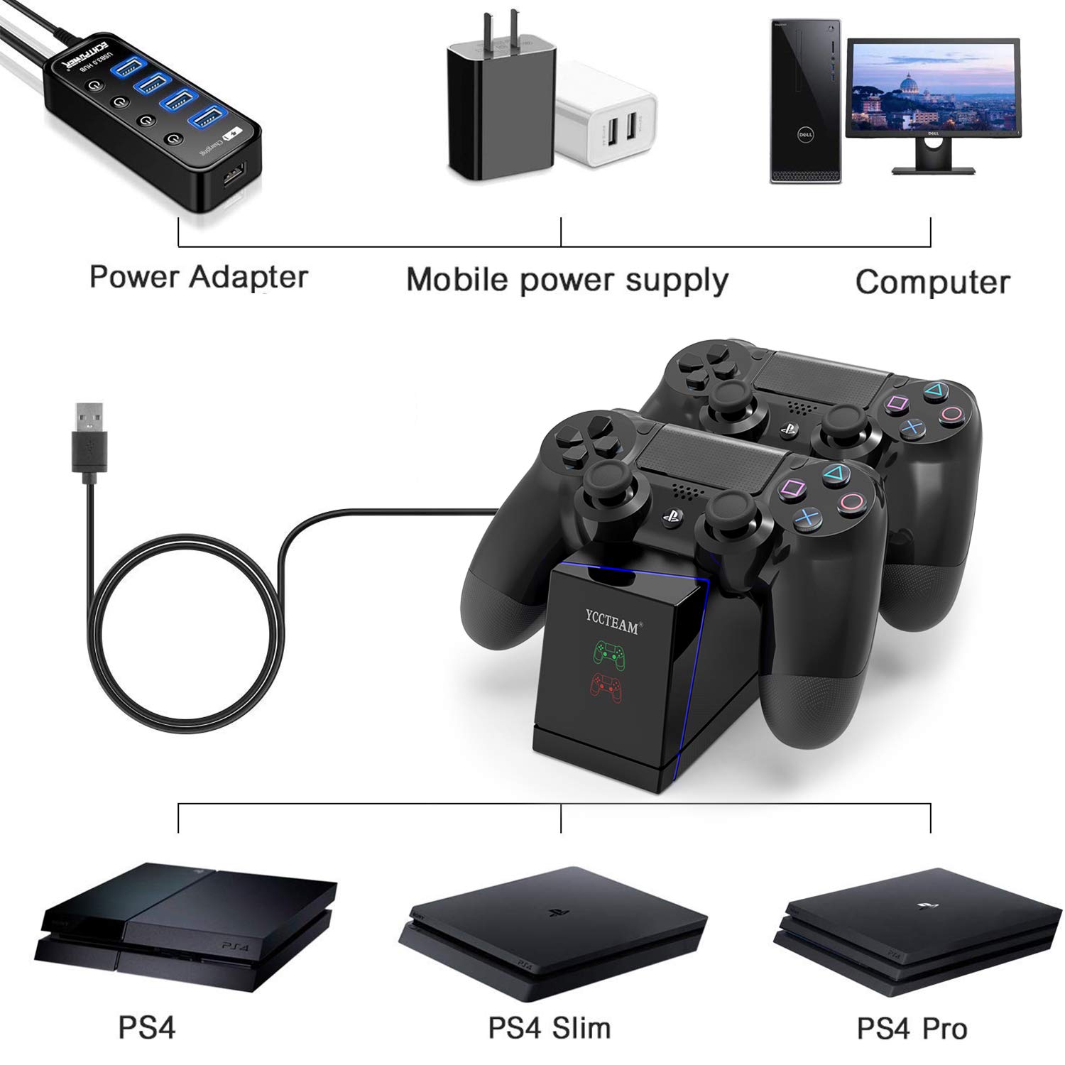 PS4 Controller Charger, DualShock 4 PS4 Controller USB Charging Station Dock, Playstation 4 Charging Station for Sony Playstation4 / PS4 / PS4 Slim / PS4 Pro Controller