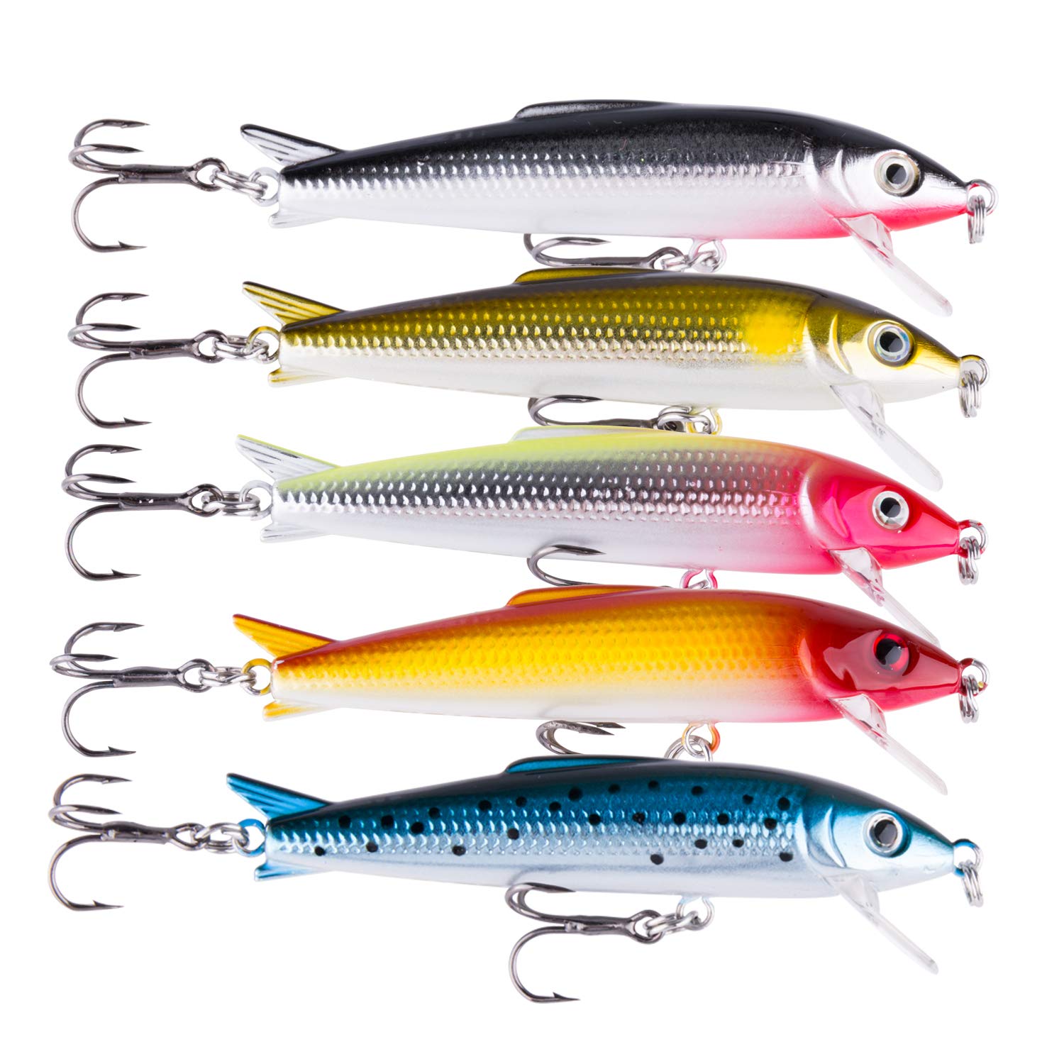 Goture Minnow Fishing Lures Hard Topwater Baits With 2 Sharp Treble Hooks For Bass Trout - Pack of 5