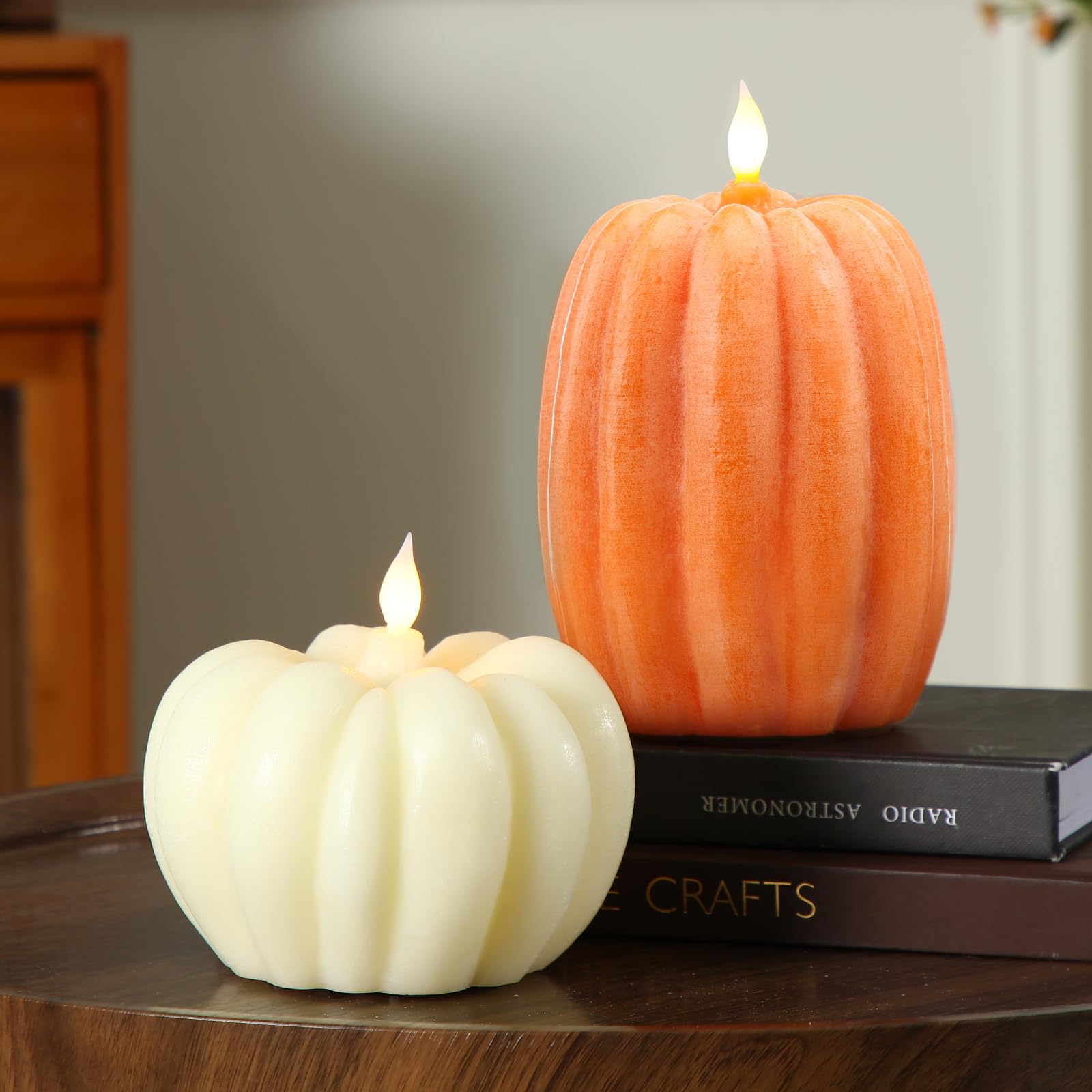 Photo 1 of Baquler 2 Pcs Large Pumpkin Figural Flameless Candles with Timer Remote Control 4.7" x 6.7", 4.9" x 4.5" Battery Operated Flame LED Candle for Fall Thanksgiving Halloween Home(Orange,White)