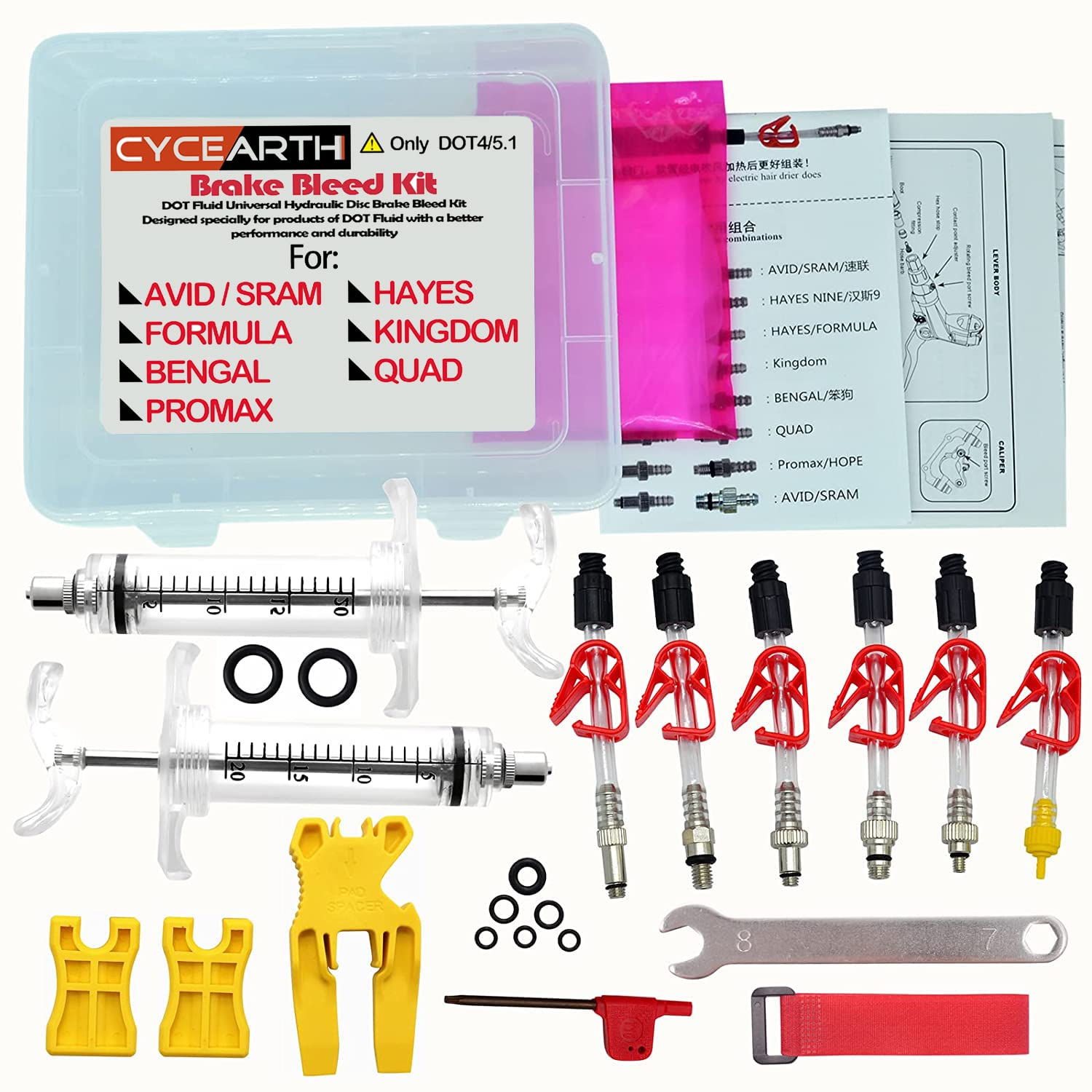 CYCEARTH Bicycle Brake DOT Oil Bleed Kit for Avid Sram Code5 Code R Juicy Ultimate Elixir Formula Hayes Bngal Hope Quad Hydraulic Disc Tools (Kit A)