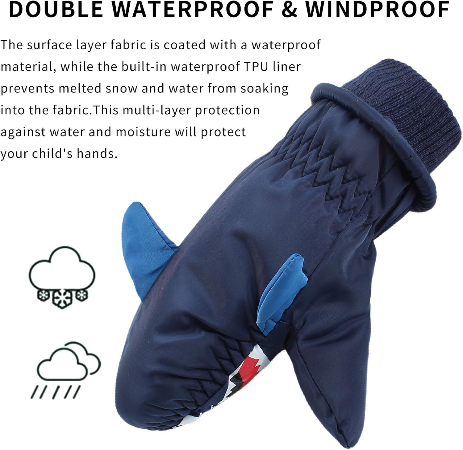 Pesaat Shark Waterproof Kids Gloves Warm Boys Girls Mitten For Winter Children Outdoor Glove With String (Navy) - Image 4