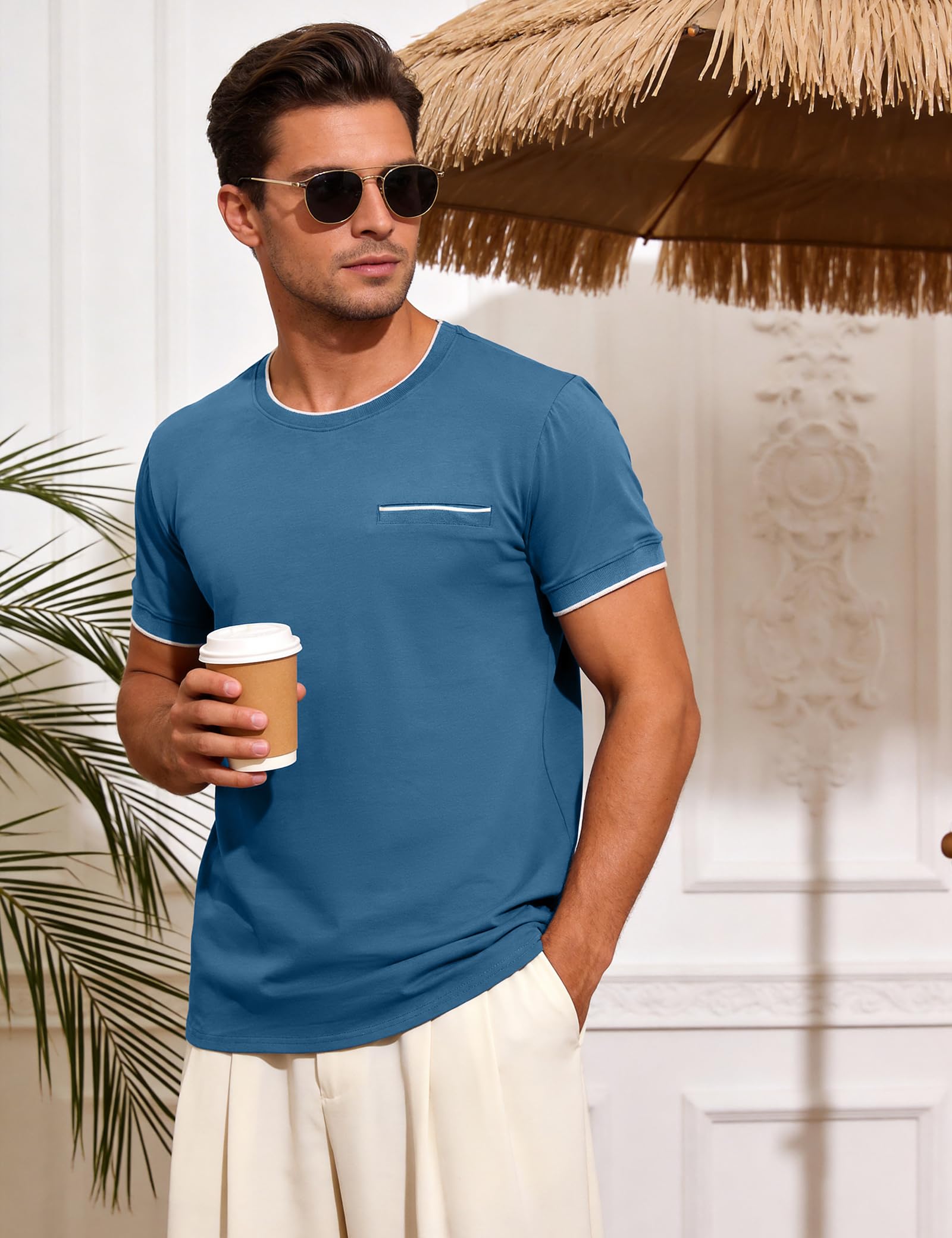 iClosam T-Shirt Herren Baumwolle Kurzarm Rundhals Color-Blocking Ärmeln Shirts Männer Sommer mit Dekorative Tasche,Blau,L 2