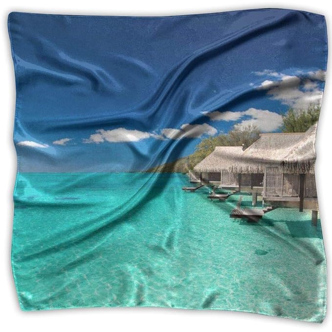 Seaside Cabins Women Large Square Satin Head Scarf Silk Like Neck