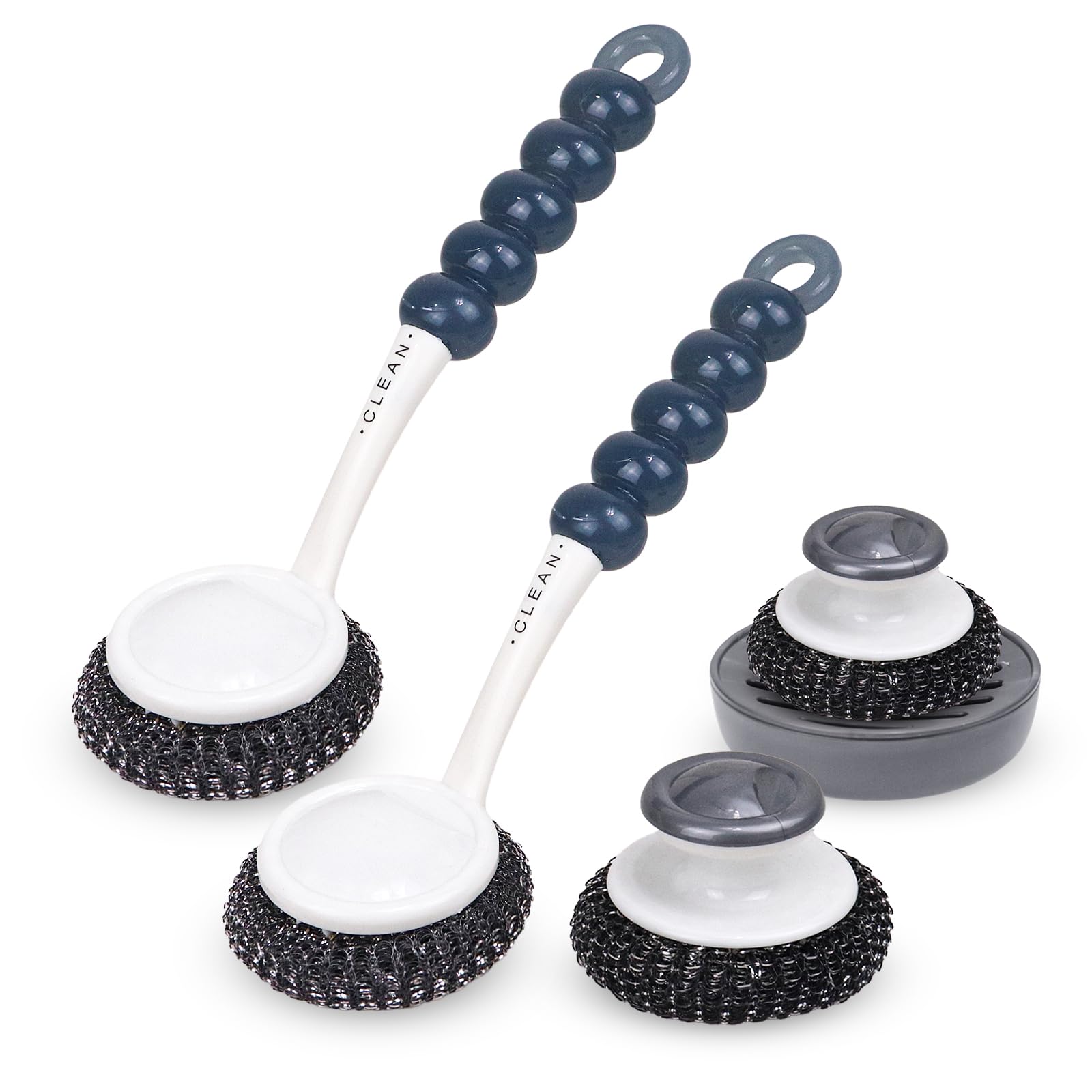 Stainless Steel Sponge Wool Scrubbers, Dish Metal Scrubber Dishwashing Sponge Dishes Scrub, Handheld Scrubbing Cleaner Brush Scouring Pad with Handle and Tray for Kitchen Cleaning 5 Pack (Grey)