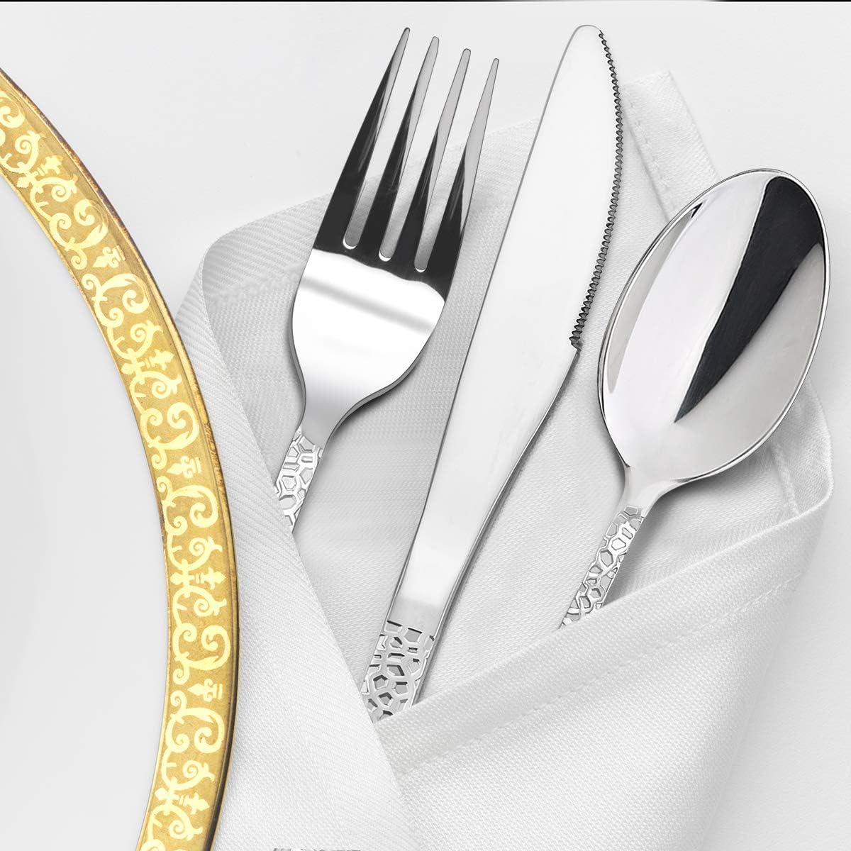 HaWare Cutlery Set, 32-Piece Stainless Steel Hammered Flatware Silverware Include Knife/Spoon/Fork - Image 3