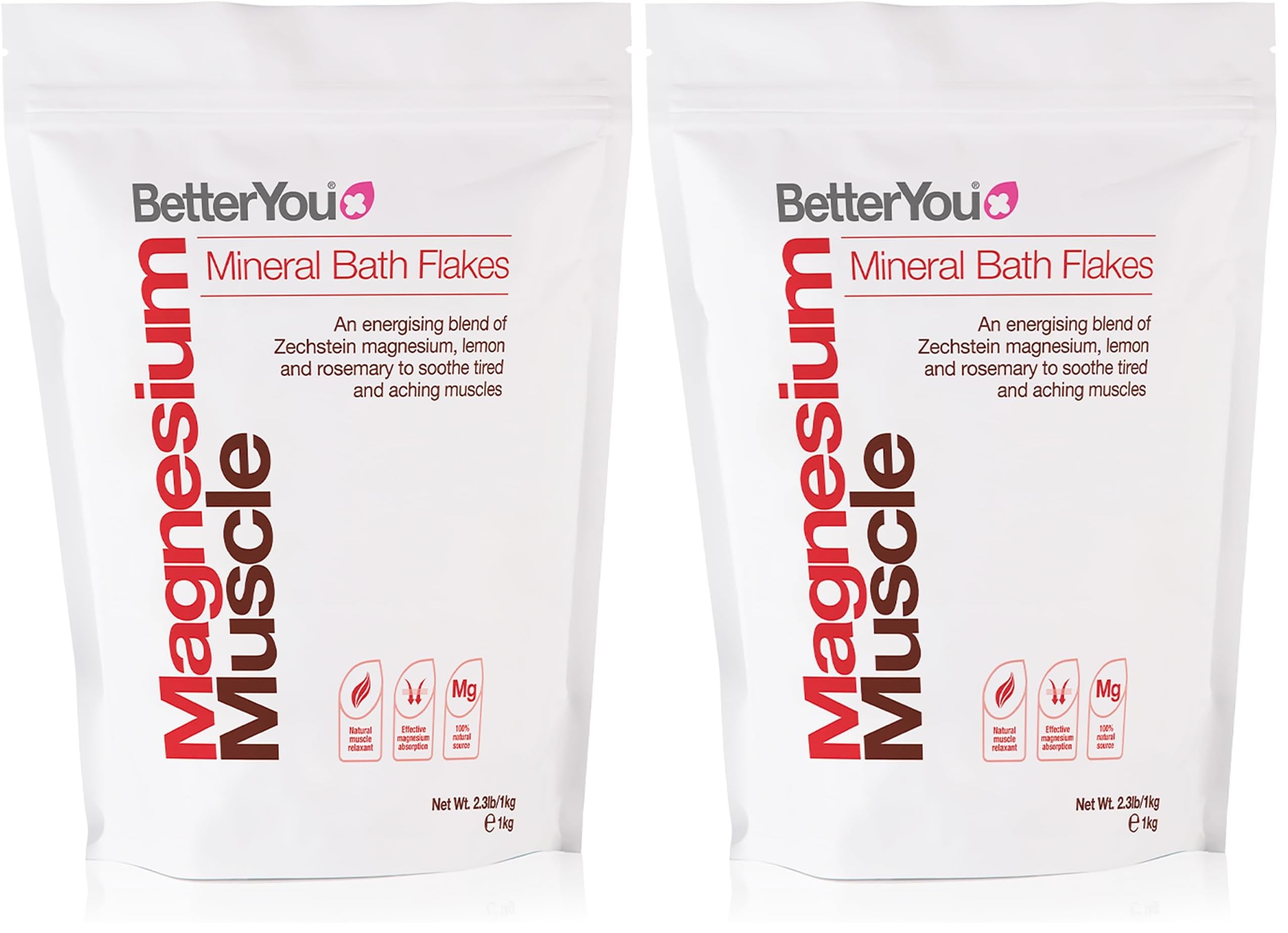 BetterYou Magnesium Muscle Mineral Bath Flakes, Natural Source Magnesium Chloride Bath Flakes to Sooth Aching Muscles, Sports Recovery Salts, Vegan & Palm-Oil Free, 1kg (Pack of 2)