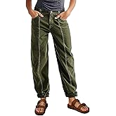 Flamingals Women's Straight Leg Pants Mid Rise Barrel Boyfriend Roll Hem Stitch Front Patch Pocket Cropped Pants