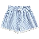 MakeMeChic Women's Striped Shorts Lace Trim Bow Knot Elastic Waist Wide Leg Summer Shorts