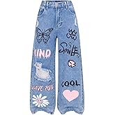 Floerns Girl's Heart Print Cute Ripped Baggy Jeans Straight Wide Leg Streetwear Denim Pants