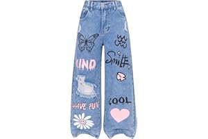 Floerns Girl's Heart Print Cute Ripped Baggy Jeans Straight Wide Leg Streetwear Denim Pants