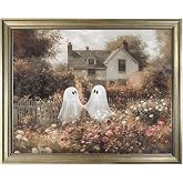 Framed Halloween Canvas Wall Art Vintage Ghost Pictures Wall Decor Halloween Painting Cottage Landscape Print Wildflower Meadow Artwork