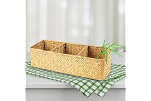 TaoTazon Seagrass Tank Basket for Toilet, Woven Basket Organizer for Bathroom with 3 Sections, Woven Toilet Paper Basket for Kitchen, Dresser (Large,16.5 × 5.6 × 3.5inch)
