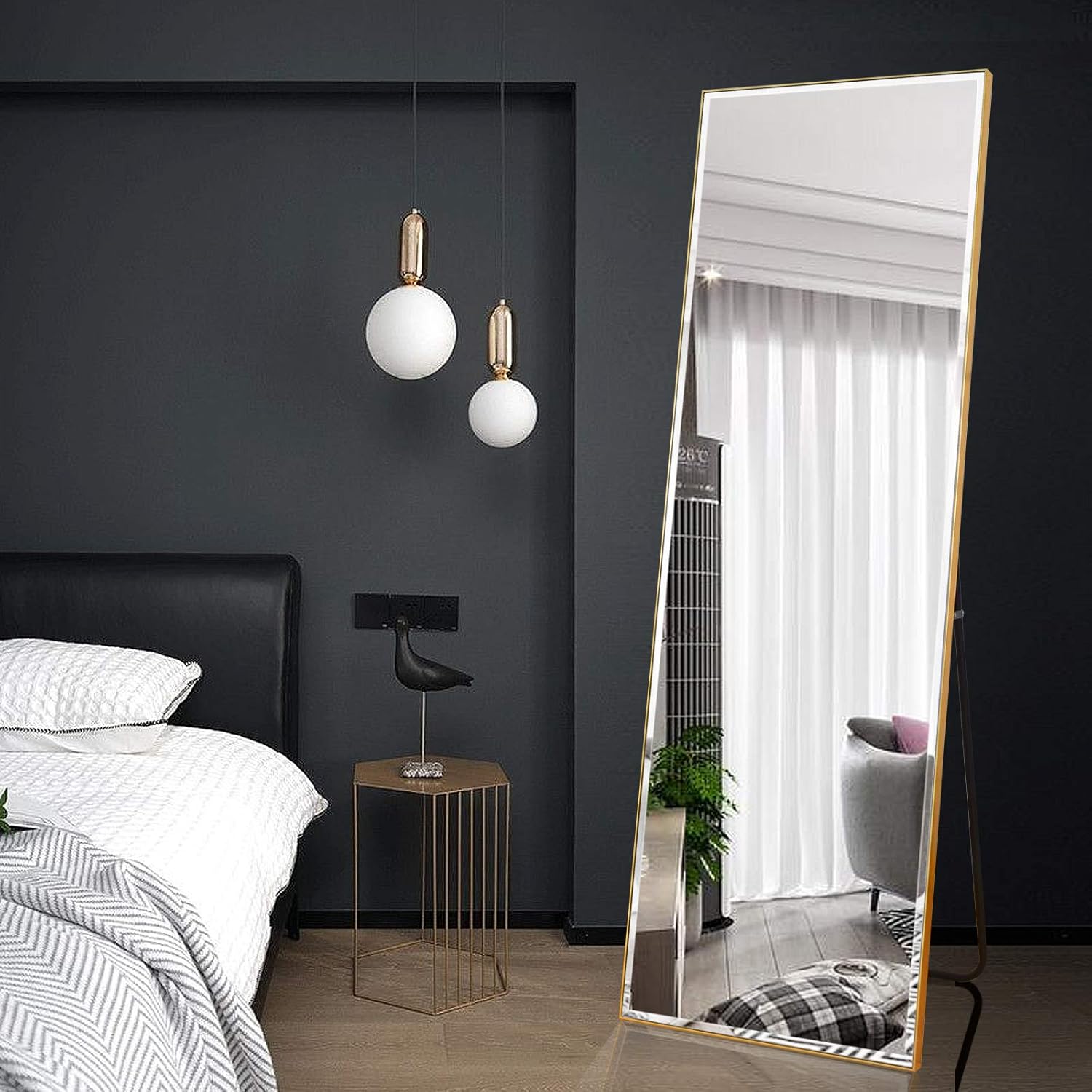 BEAUTYPEAK Full Length Mirror 21" x 64" Body Dressing Standing Hanging or Leaning Against Rectangle Floor Wall Mirrors Aluminum Alloy Wall-Mounted for Bedroom Bathroom Dorm Wall Decor, Gold: Kitchen & Dining