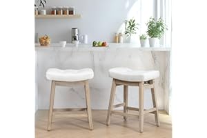 RNKSFX Counter Height White Bar Stools Set of 2 for Kitchen Counter Farmhouse Modern Barstools with Faux Leather Upholstered Backless Seat and Solid Wood Legs 24 inch Bar Chairs, White + Wood Color