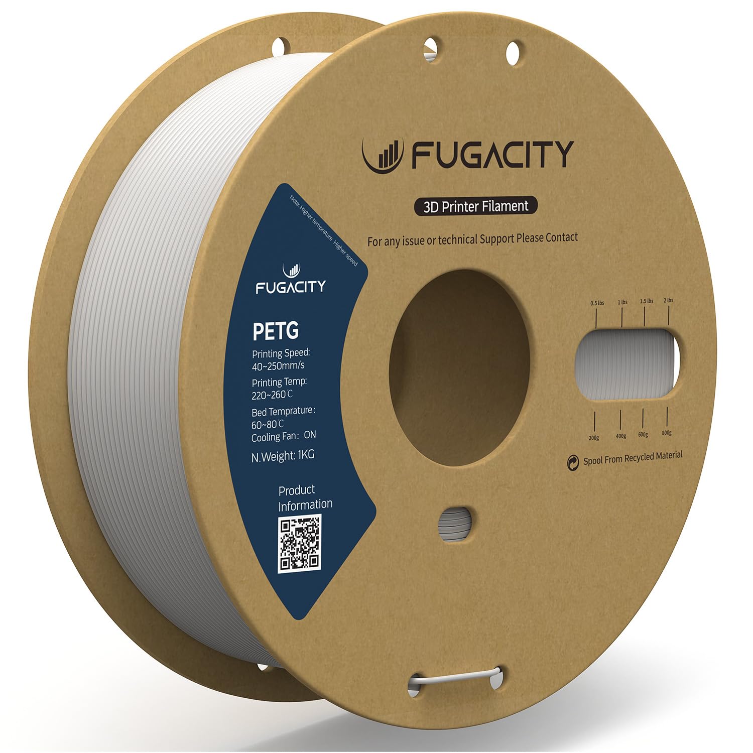 Fugacity PETG Filament 1.75mm, White 3D Printer
