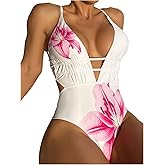 SweatyRocks Women's Floral Deep V Neck Criss Cross One Piece Swimsuit Swimwear Bathing Suit
