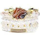 BOPOW 5PCS Beaded Bracelets/Bangle for Women, Multilayered Stackable Elastic Natural Turquoise Jasper Agate Crystal Stones Bracelets Set Handmade Boho Jewelry Gift for Women