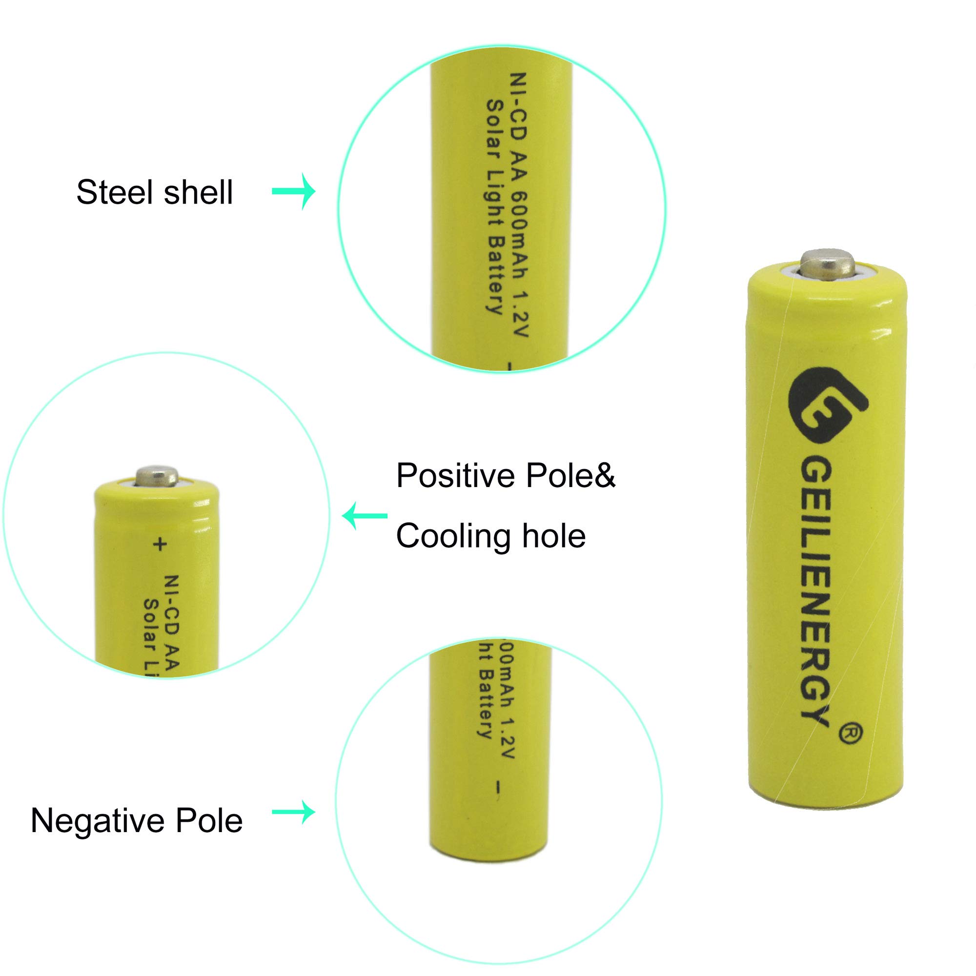 GEILIENERGY Solar Light Batteries AA Ni-Cd AA 600mAh 1.2V Rechargeable Batteries AA Rechargeable Batteries for Solar Lights Solar Lamp(Pack of 8)