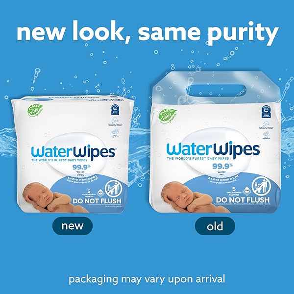 WATERWIPES ORIGINAL BABY WIPES, 99.9% WATER, 3-IN-1 CLEANS, CARES, PROTECTS, UNSCENTED & HYPOALLERGENIC, 300 COUNT (5 PACKS), PACKAGING MAY VARY