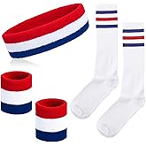 NANXJIUR 5 Pieces Sweatband Striped Sock Set Sports Headband Wristbands High Tube Socks 80s Accessories for Men Women