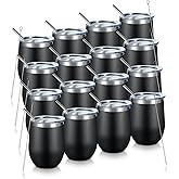 COMOOO 12oz Stainless Steel Wine Tumbler Lid and Straw, Double Wall Vacuum Insulated Wine Tumbler Cup, Stemless Wine Tumbler for Cold and Hot Drinks, Coffee, Wine, Cocktails, Black,16 pack