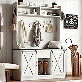 4ever2buy Farmhouse Hall Tree with Bench &amp; Shoe Storage, White | 5-in-1 Coat Rack with Hooks &amp; Sliding Barn Doors for Entryway, Hallway or Mudroom Organization