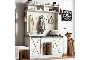 4ever2buy Farmhouse Hall Tree with Bench and Shoe Storage, 5-in-1 Farmhouse Hall Tree with Adjustable Shelf and Barn Doors, Entryway Bench with Coat Rack, White