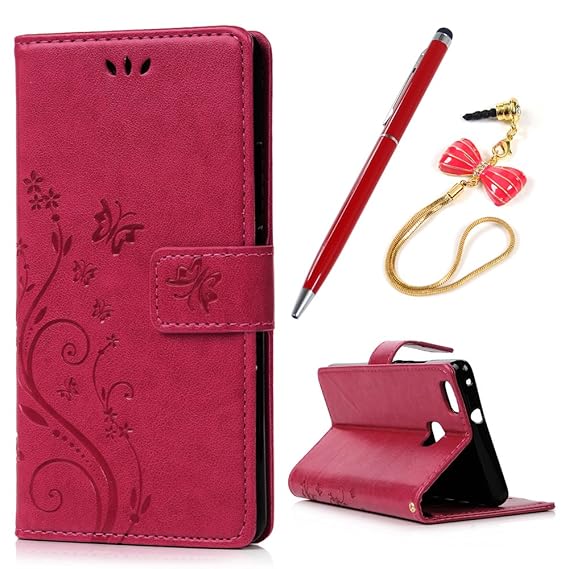 P9 Lite Hülle,Huawei P9 Lite 5,2 Zoll Handyhülle YOKIRIN Rose Rot PU Leder Tasche Schutzhülle Handytasche Blumen Schmetterling Brieftasche Backcover Book Ledercase Stehen Karten Slots Handycover