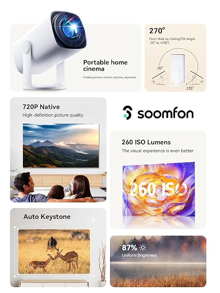 SOOMFON MINI PROJECTOR 1080P SUPPORT – PORTABLE SMALL VIDEO MOVIE PROJECTOR BLUETOOTH 5.1 AUTO KEYSTONE ELECTRIC FOCUS FOR BEDROOM/WALL/HOME/OUTDOOR/IPHONE/ANDROID/TV STICK