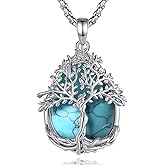 Vito Tree of Life Necklace for Women Men, Silver Plated Copper Teardrop Moonstone/Obsidian/Turquoise/Amethyst/Malachite Crystal Tree Necklace Protection Energy Amulet Jewelry Gift for Mom Wife, 20+2"