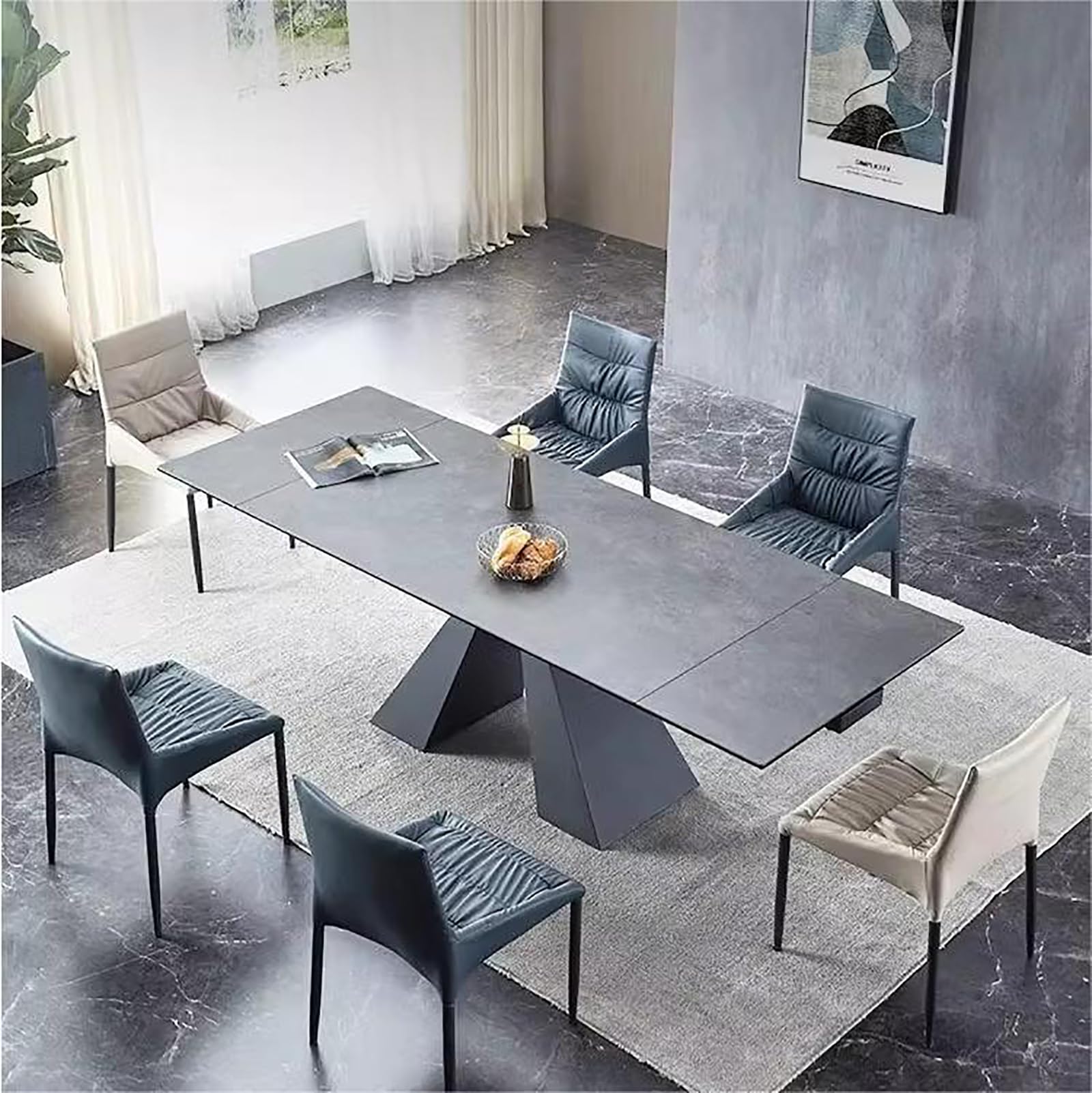 Photo 1 of ***PARTIAL SET, STAND ONLY (1/2) - PRICE ADJUSTED*** TimesGate Extendable Dining Table for 8-12 Seat, Flexible Stretch, Tabletop Made from Rock Plate and Tempered Glass, Solid Carbon Steel Base, 35.4" D x 94.5" W x 30" H, Dark Grey