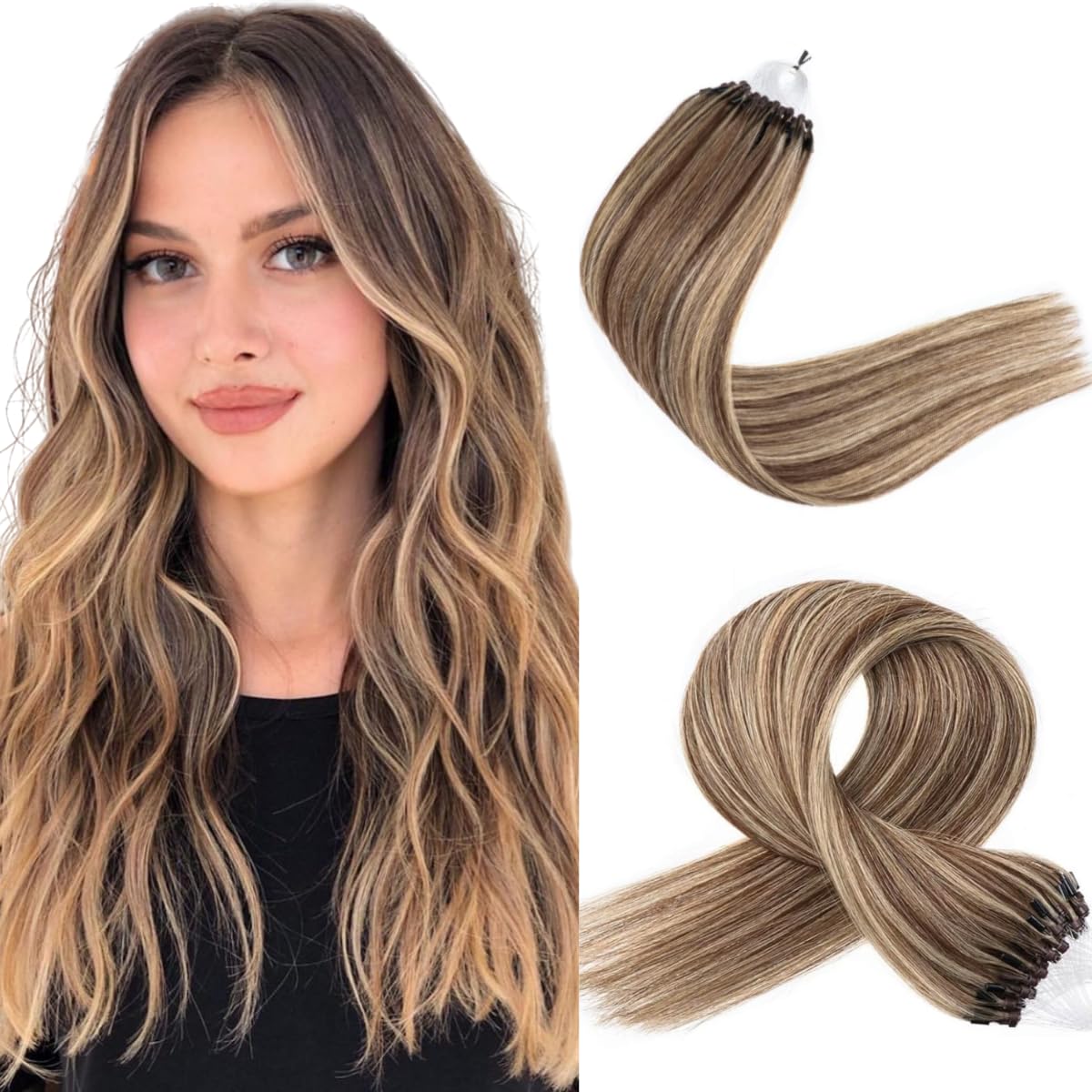 0.5g Micro Loop Hair 0.5g/s 100s Straight Human Hair Extensions Easy Loop Brazilian Remy Hair Micro Ring Hair Extensions(16 inch, P#4/613)