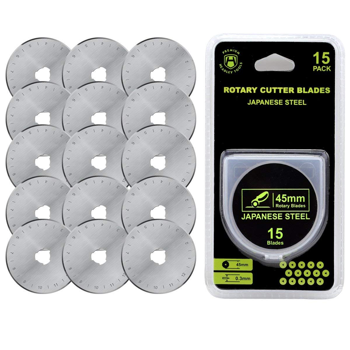 Headley Tools Rotary Cutter Blades 45mm(Pack of 15) Fits Olfa,Fiskars,Dafa,Dremel,Truecut Replacement, Quilting Scrapbooking Sewing Arts Crafts,Sharp and Durable