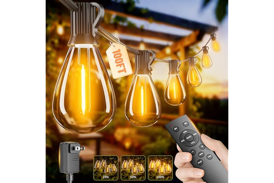 Sikitul 100FT LED Outdoor String Lights with Remote, One Continuous Strand Patio Lights with 35+1 Shatterproof S11 Bulbs, Dim
