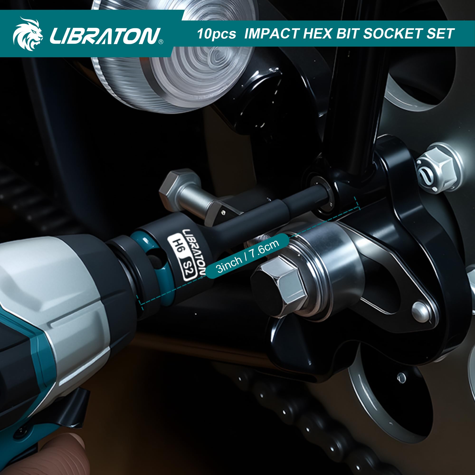 LIBRATON Schlag Hex Bit Steckschlüssel Set, 1/2” Kraft, S2-Stahl, 10-tlg Schlag-Sechskant-Bit-Steckschlüsselsatz H5-H19, Hex-Steckschlüssel, XPE-Aufbewahrung, Autoreparatur 8